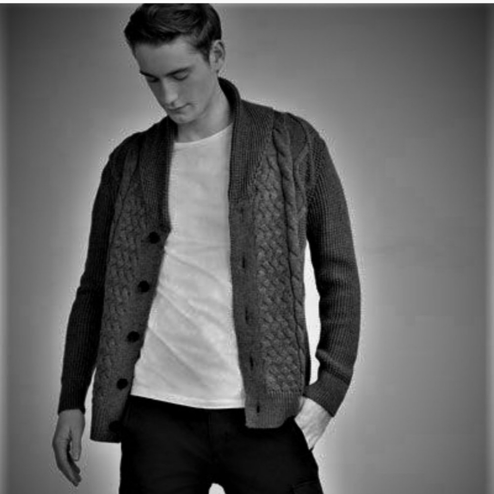 Zara Man Sz L navy blue knit cardigan sweater buttons shawl collar